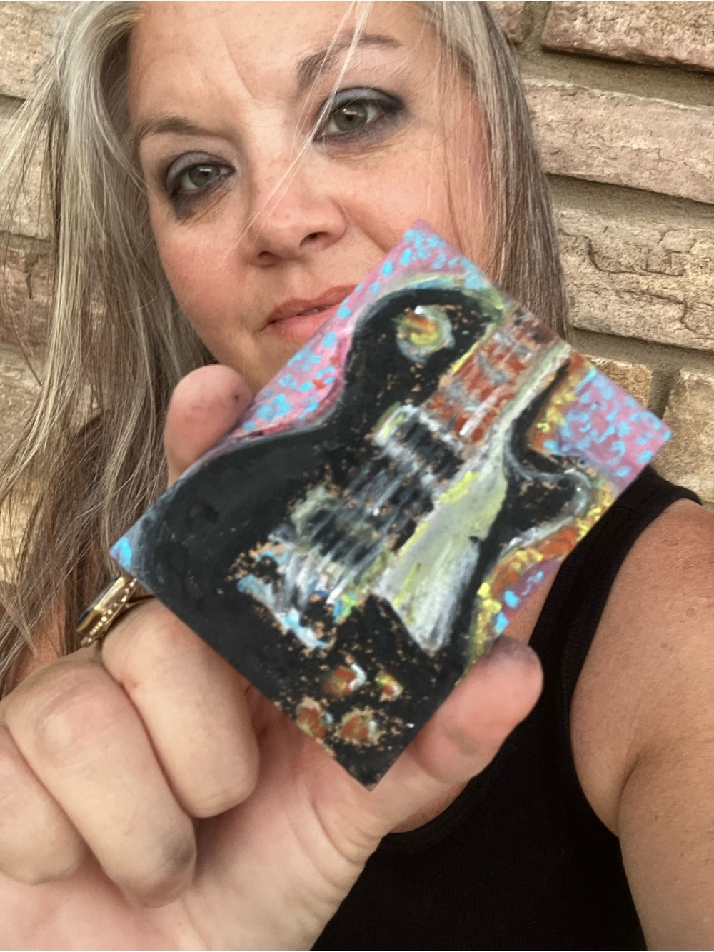 Black Guitar Mini Canvas Painting with Colorful Accents